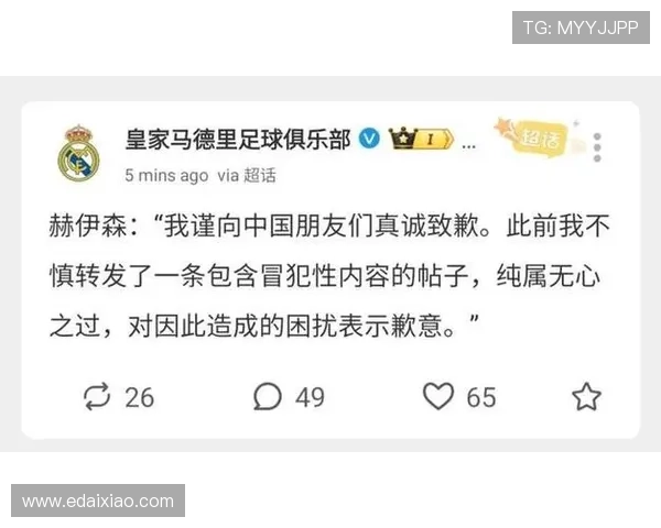 赫伊森致歉限中国微博发布平台
